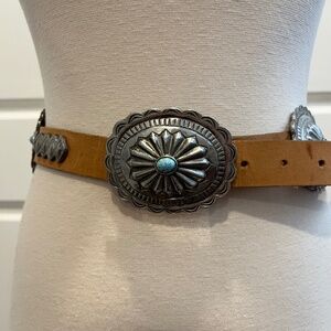 Calderon Concho Belt, Leather, Silvertone, Turquoise Accents, sz M, Vintage